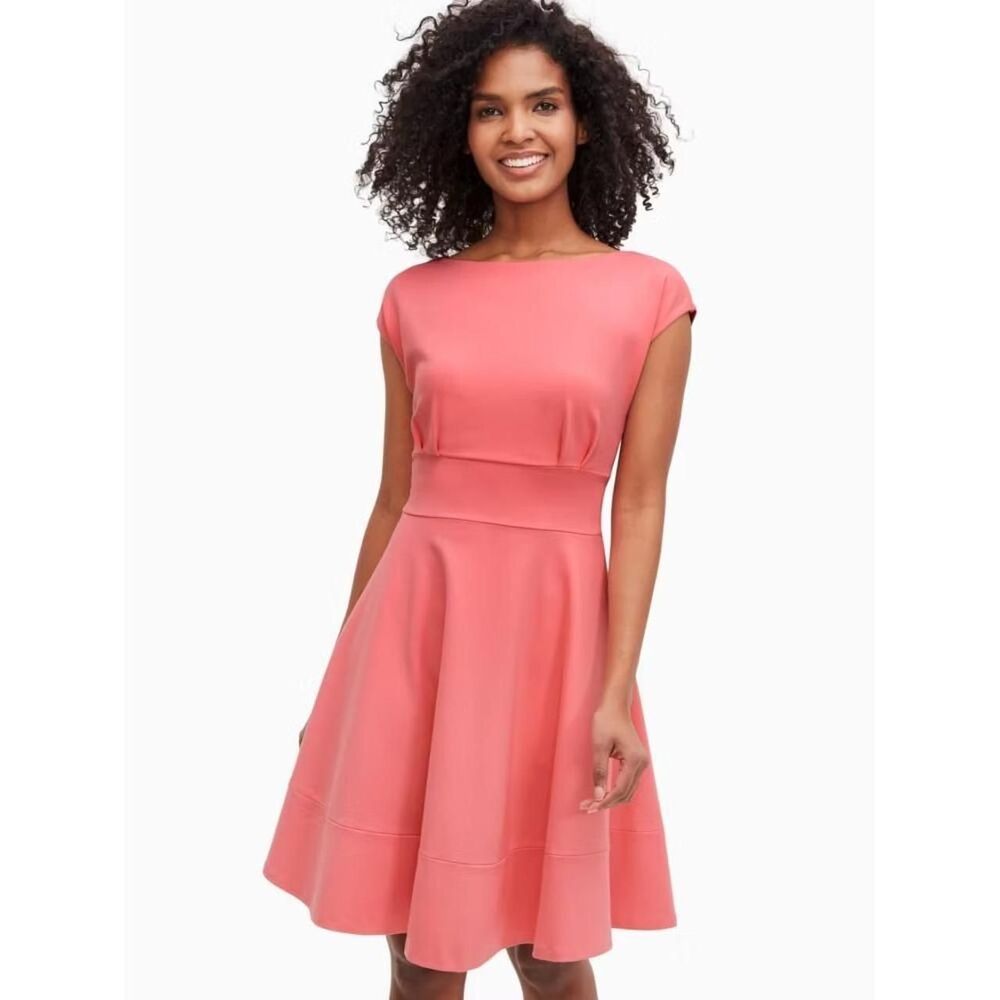 Kate Spade New York Coral Pink Ponte Knit Fit and Flare Boat Neck Dress Small